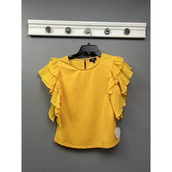 Milk‎ & Honey Top Womens Small Blouse Yellow Short Sleeve Ruffle Bold Bright NEW - Picture 1 of 9